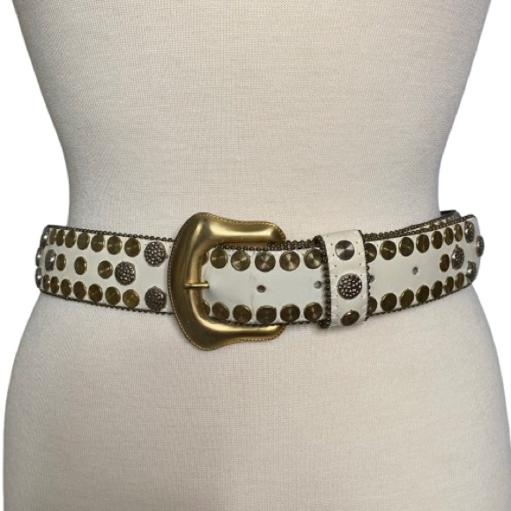 Vintage Women’s White Leather Belt Size M w/ Gold Buckle & Gold Silver Studs